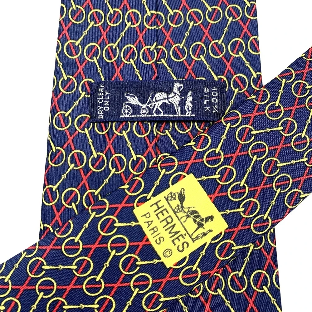 Hermes Paris Mens Tie Navy with Red Stripes & Equestrian Chains 7457 Silk‎ EUC